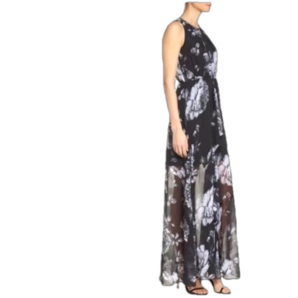 Ali & Jay floral maxi dress ruffle front sheer lined size small black & white